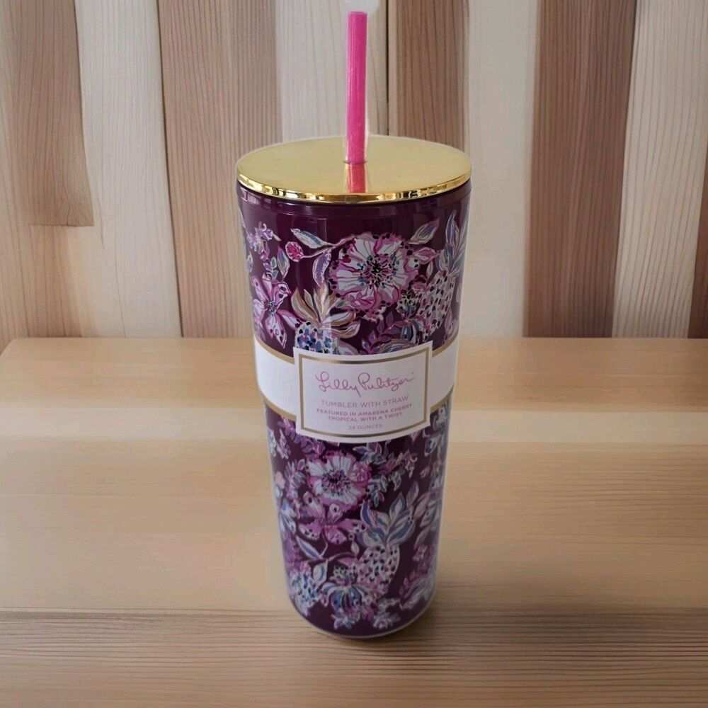 NEW Lilly Pulitzer Amarena Cherry Tropical With A Twist  24 Oz Tumbler W Straw